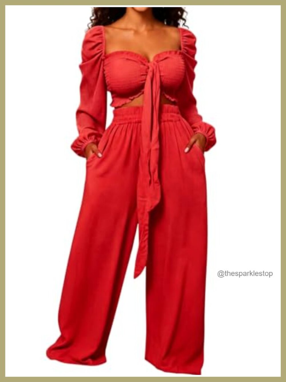 Women 2 Piece Outfit Long Sleeve Ruffle Crop Top Wide Leg Pants Vacation Set